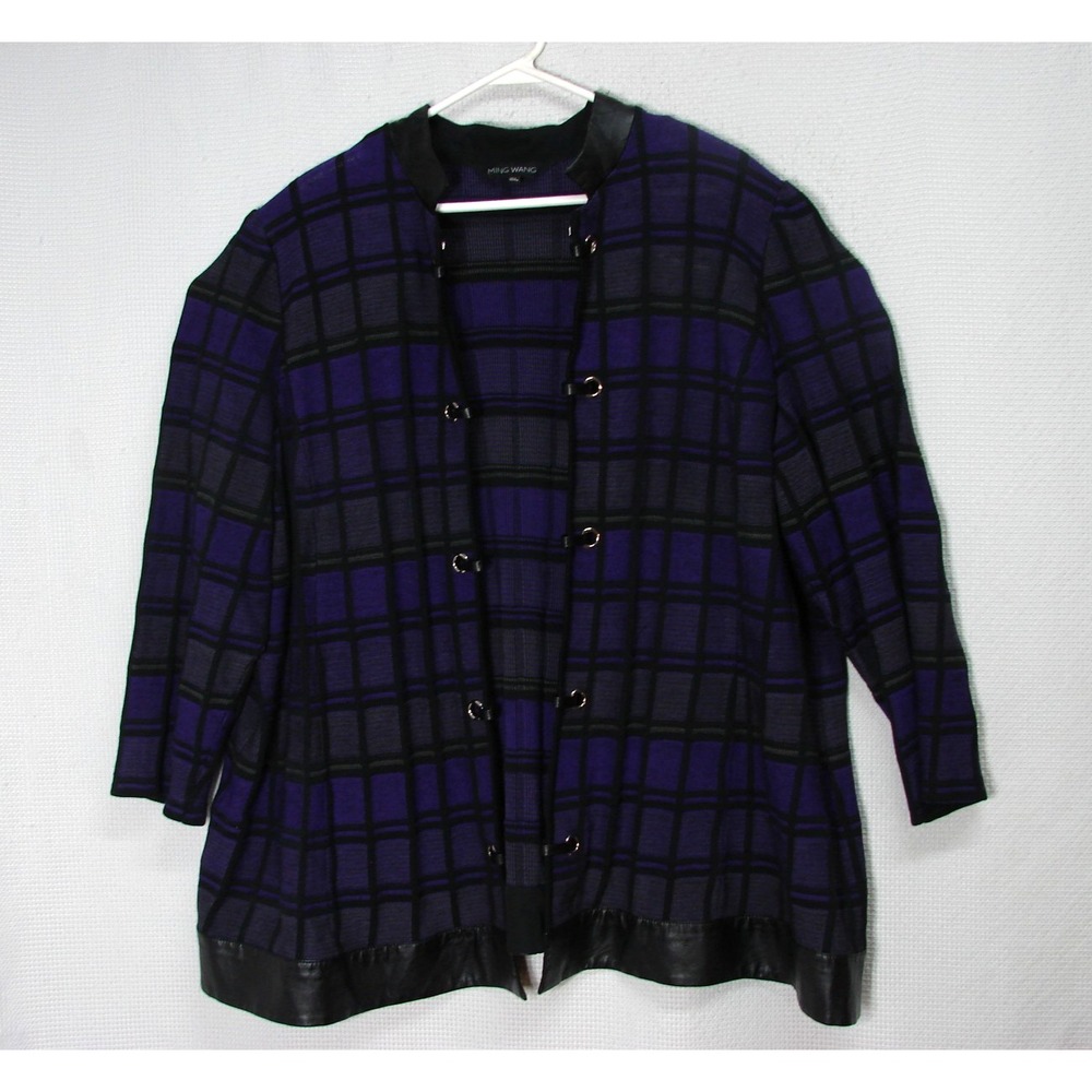 Ming Wang Knit Jacket Size 3x Purple Black Plaid Faux Leather Trim Open Blazer